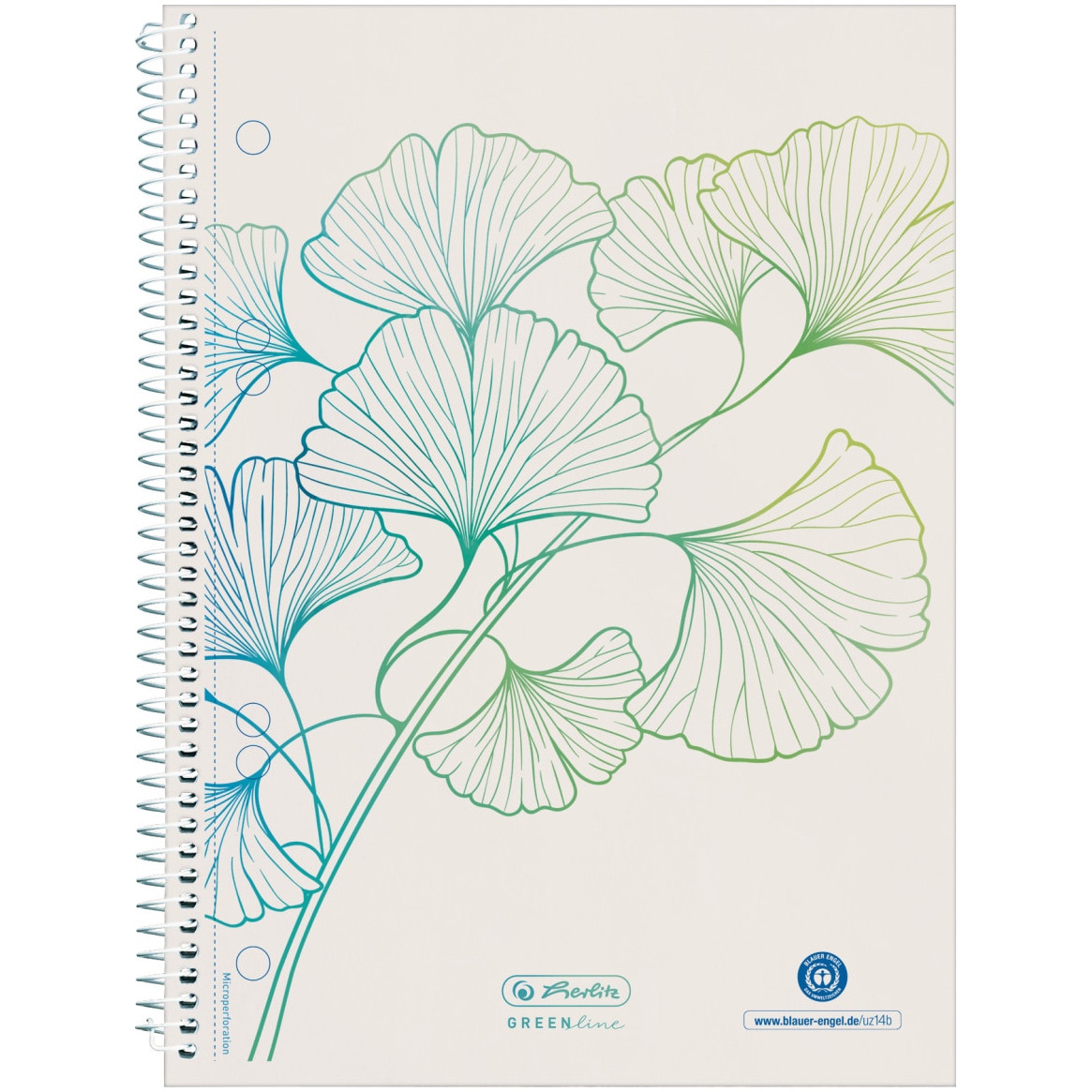 Caiet Herlitz, A5, cu spira, 70 file, hartie reciclata, 80 g/mp, perforatii, microperforatii, patratele, motiv ginkgo, seria greenline