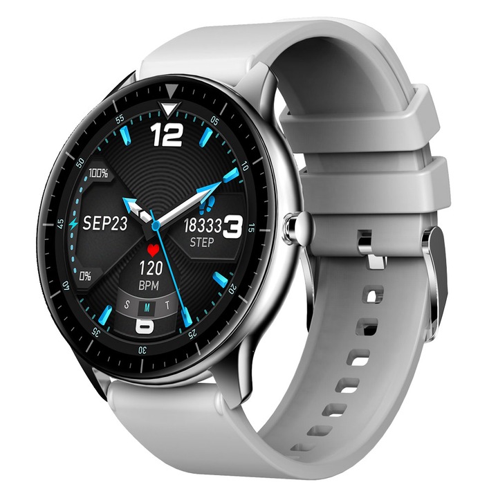 Ceas Smartwatch iHunt Watch 6 Titan, Termometru, Saturatie Oxigen, Ritm Cardiac, Tensiune Arteriala, Notificari, Pedometru, Monitorizare somn, iOS/Android, Silver