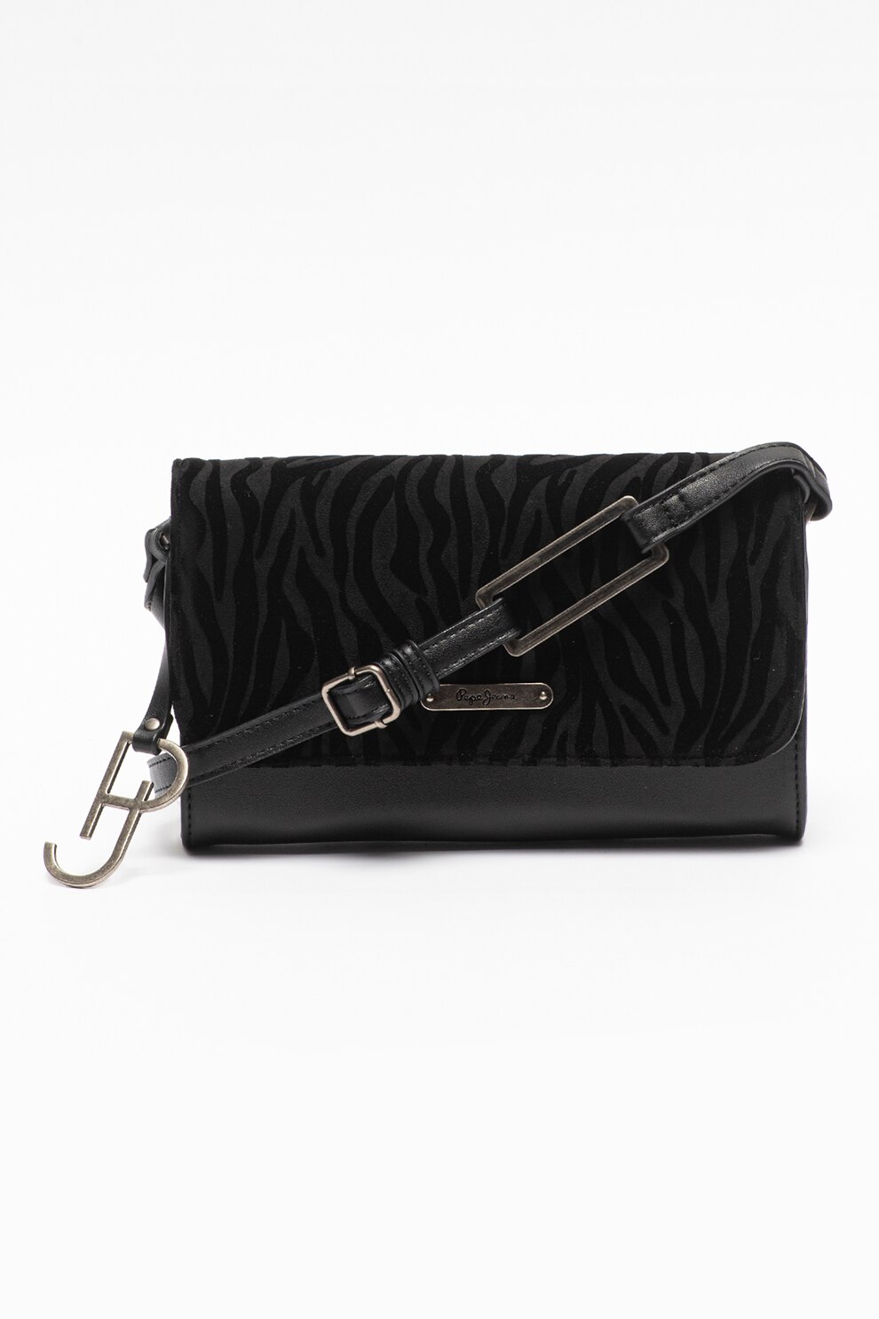 Pepe Jeans London, Geanta de piele ecologica cu detalii animal print Anais, Negru
