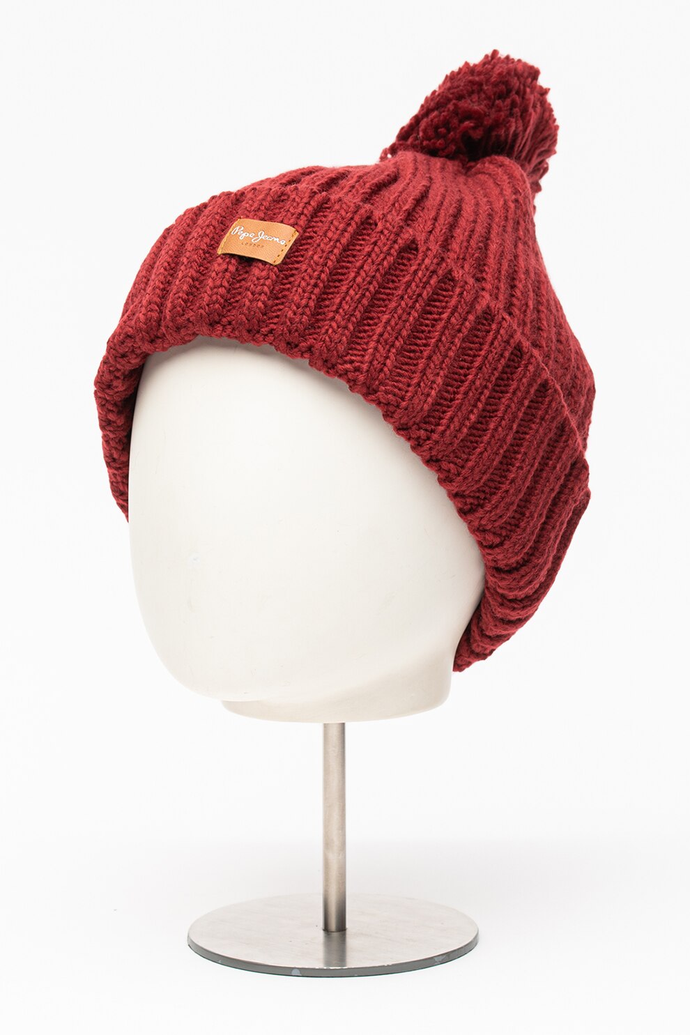 Pepe Jeans London, Caciula striata, cu ciucure Emily, Visiniu