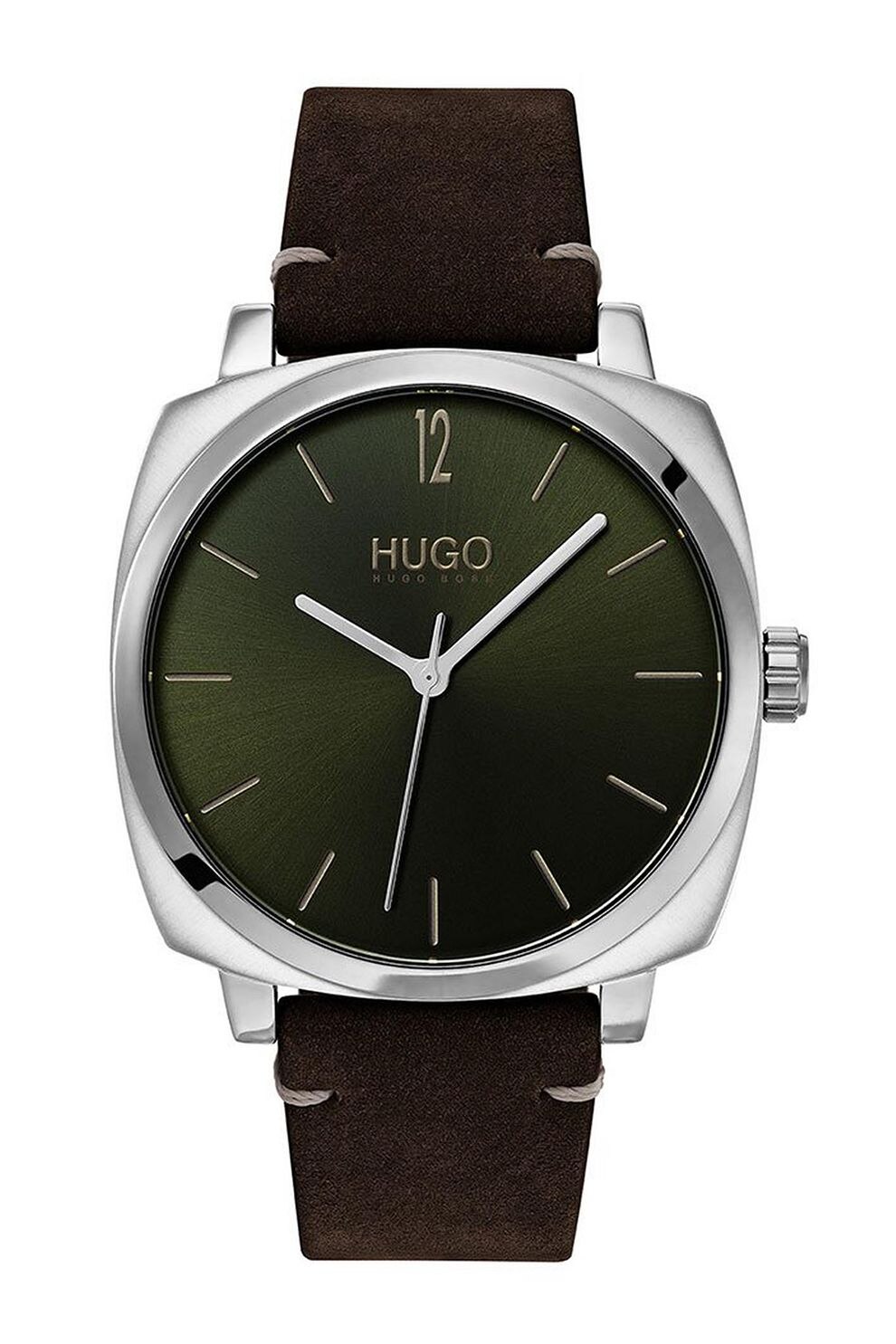 HUGO, Ceas cu o curea din piele, Maro inchis/Argintiu