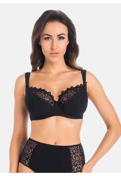 Sutien semi captusit din bumbac, cu dantela, Eco Exclusive, Teyli, Negru