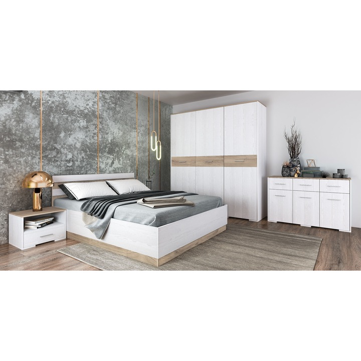 Dormitor Irim Elif, Pat 160x200 cm, Dulap 3 usi, 2 Noptiere, Comoda, Culoare Alb stilizat/Sonoma