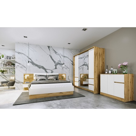 Dormitor Irim Maja, MDF, Pat 160x200 cm, Dulap cu oglinzi, 2 Noptiere, Comoda, culoare Stejar Auriu/Alb