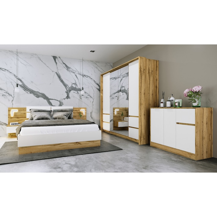 Dormitor Irim Maja, Pat 160x200 cm, Dulap cu oglinzi, 2 Noptiere, Comoda, culoare Stejar Auriu/Alb