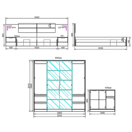 Dormitor Irim Maja, MDF, Pat 160x200 cm, Dulap cu oglinzi, 2 Noptiere, Comoda, culoare Stejar Auriu/Alb