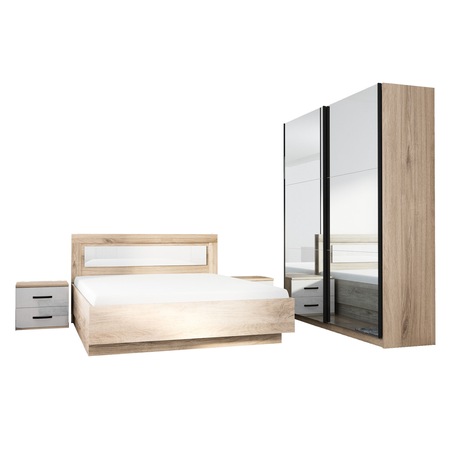 Dormitor Irim Trinx, Pat 160x200 cm, Dulap usi glisante 180x59x221 cm, Sonoma/MDF Alb Gloss.