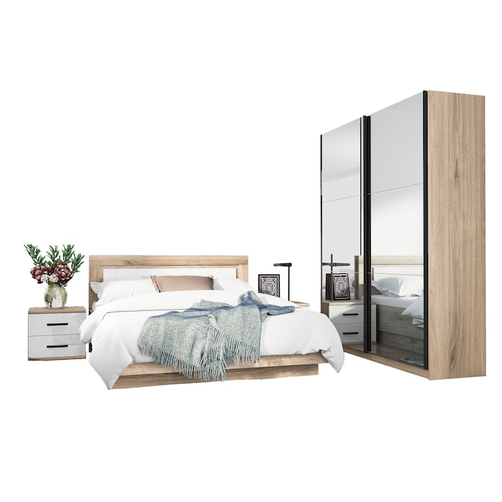 Комплект мебели за спалня Irim Trinx, Легло 160x200 см, Гардероб с плъзгащи се врати 180x59x221 см, Sonoma/MDF White Gloss.