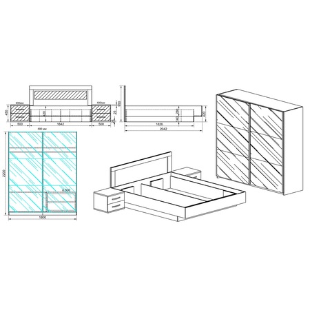 Dormitor Irim Trinx, Pat 160x200 cm, Dulap usi glisante 180x59x221 cm, Sonoma/MDF Alb Gloss.