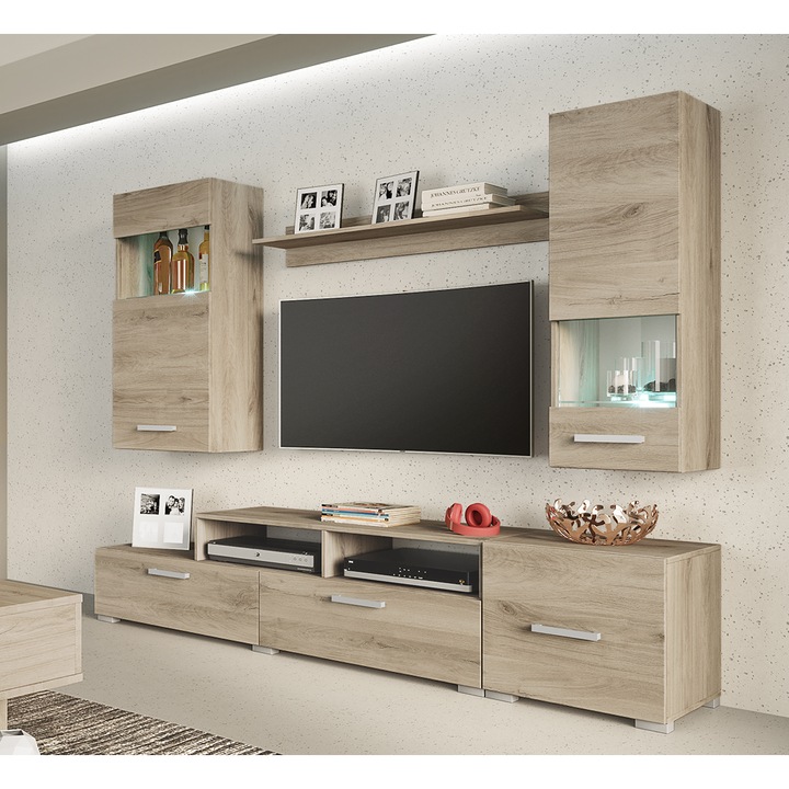 Мебели за дневна Irim Niko, 210x42,5x165 см, LED, Sonoma
