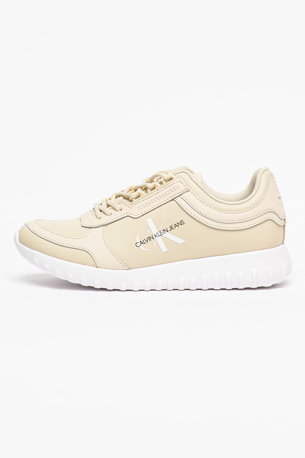 CALVIN KLEIN JEANS, Pantofi sport de piele cu logo lateral, maro nisip, alb