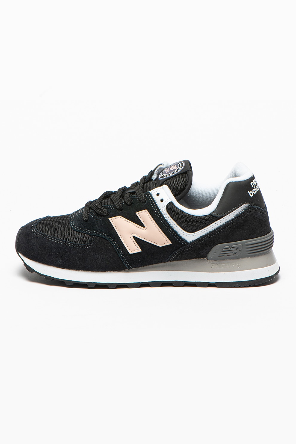 New Balance, Pantofi sport de piele intoarsa si material textil 574, Negru/Roz pal/Alb