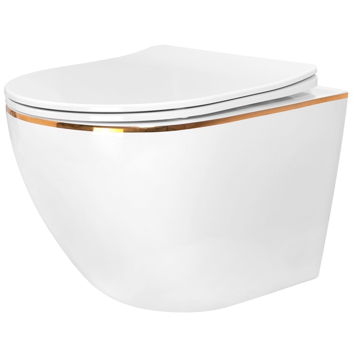 Тоалетна чиния Rea Carlo White Mini Flat Gold Edge, Бяла, Керамика, Златен ръб