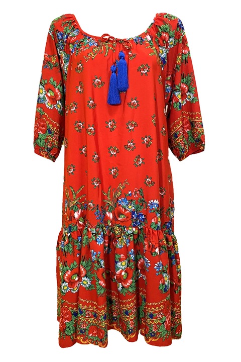Rochie midi de vara, cu model floral, marime universala, rosu