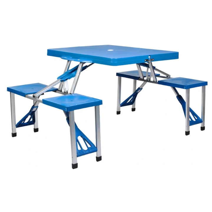 Összecsukható 4 férőhelyes kempingező asztal padokkal, aluminium, pvc, 131x82cm, Ego-Halkidiki