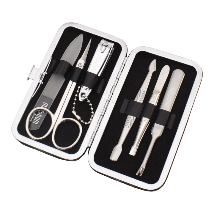 Комплект за маникюр MAGNUM, 6 части, черен на розови точки