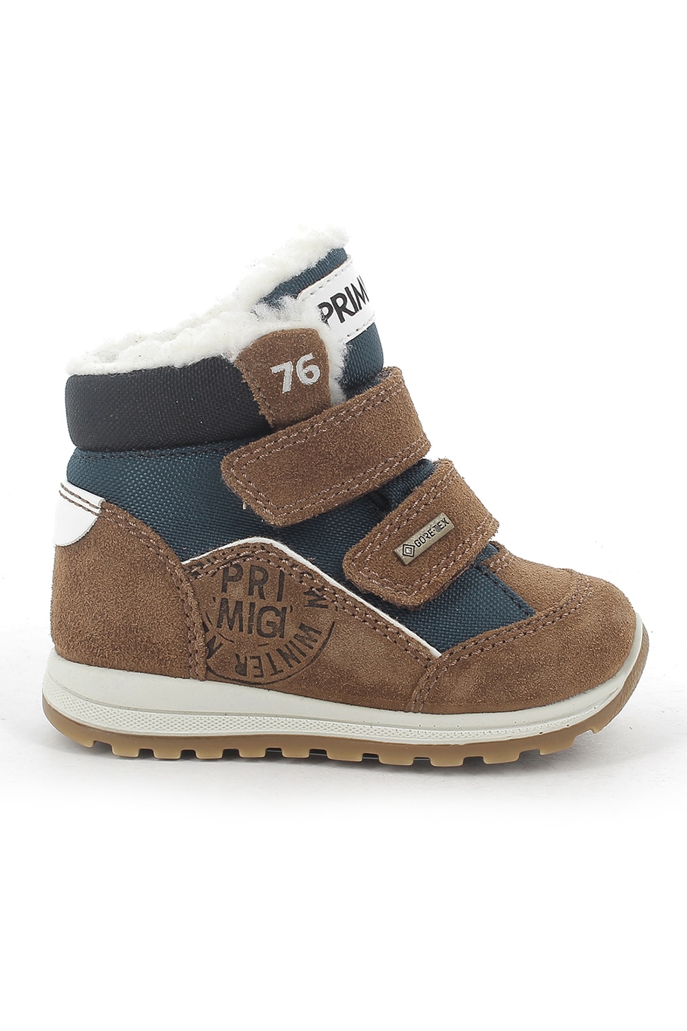 Primigi, Ghete cu inchidere velcro si garnituri din piele intoarsa, Maro camel/Albastru