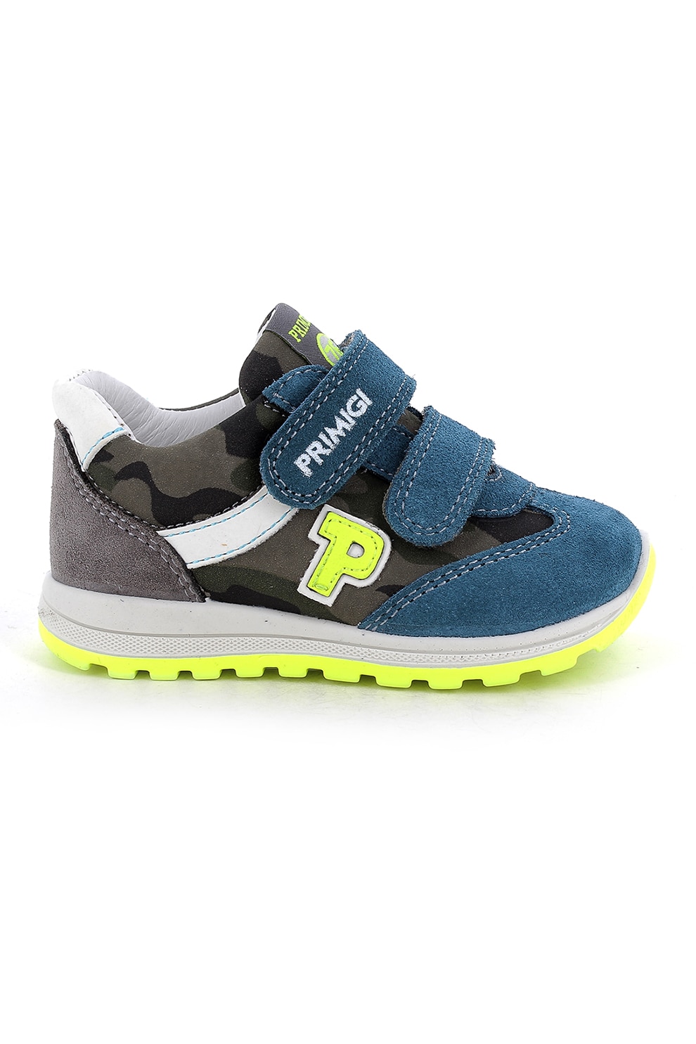 Primigi, Pantofi sport cu garnituri de piele intoarsa si inchidere cu velcro, Albastru inchis/Galben, 22 EU