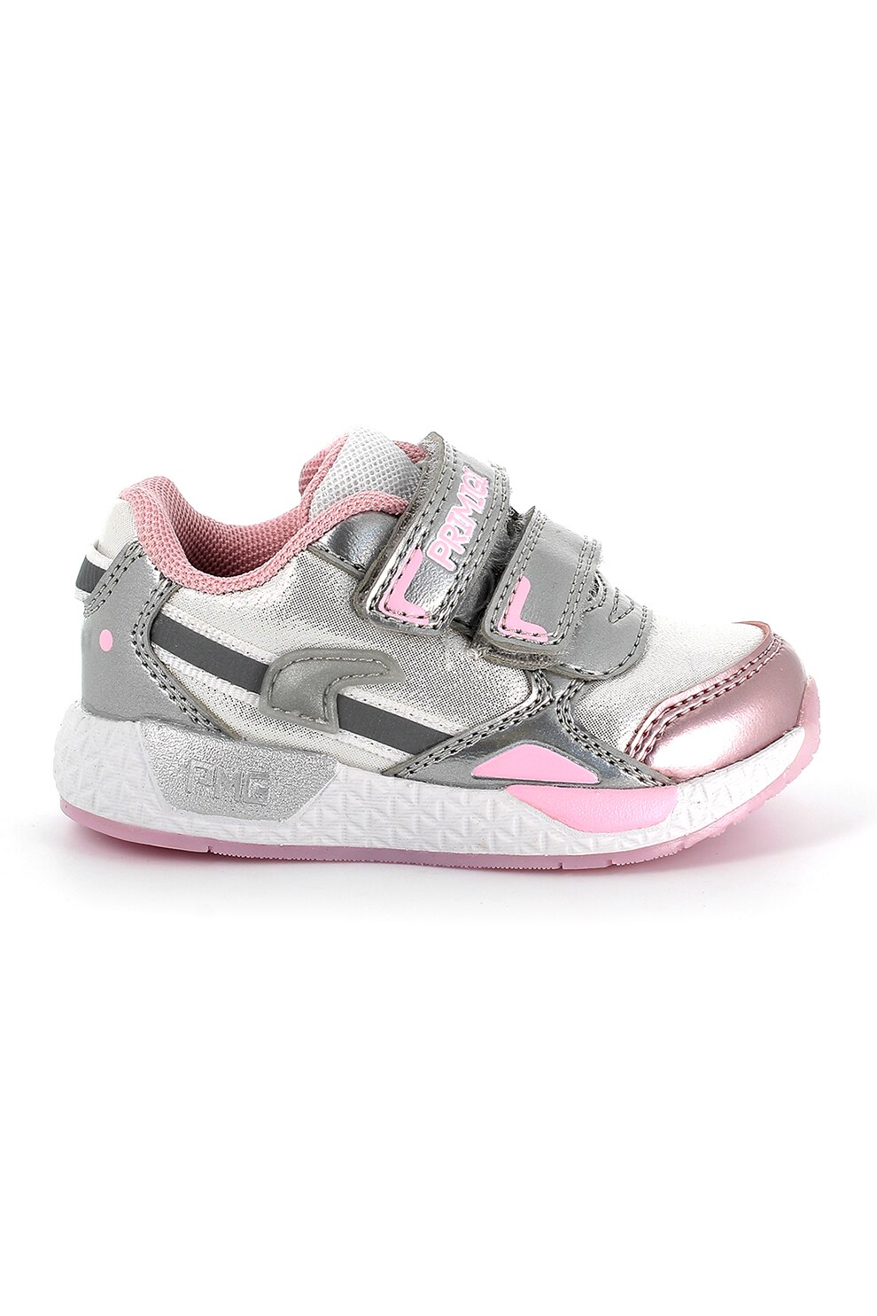 Primigi, Pantofi sport cu insertii de piele ecologica si velcro, Gri/Roz