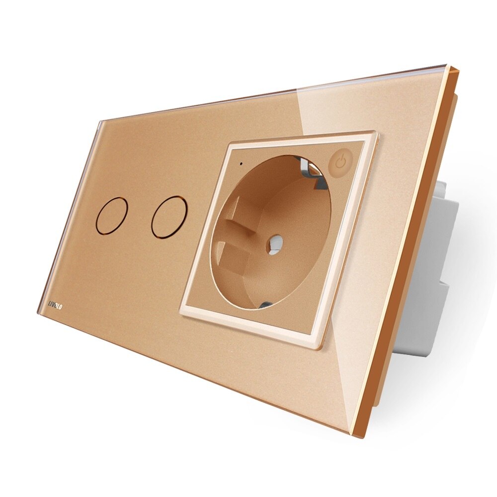 Intrerupator dublu ZigBee / priza simpla ZigBee Livolo, Auriu, rama din sticla, Control de pe telefon