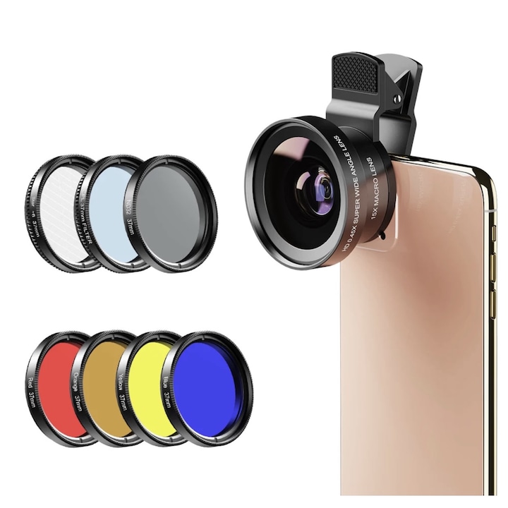 Професионален комплект обективи Apexel, Включително 0,45x широк ъгъл, 12x макро, Различни цветни поляризационни филтри, За iPhone 12, iPhone 11, X, 8,7,6,5, Samsung, Huawei, 37 мм