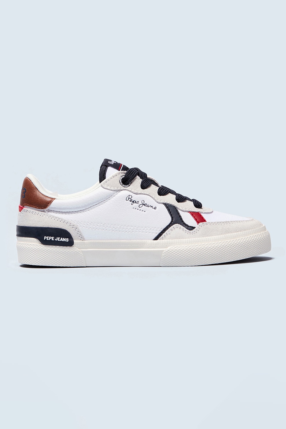 Pepe Jeans London, Pantofi sport din piele ecologica cu garnituri din piele intoarsa, Alb/Bleumarin/Rosu