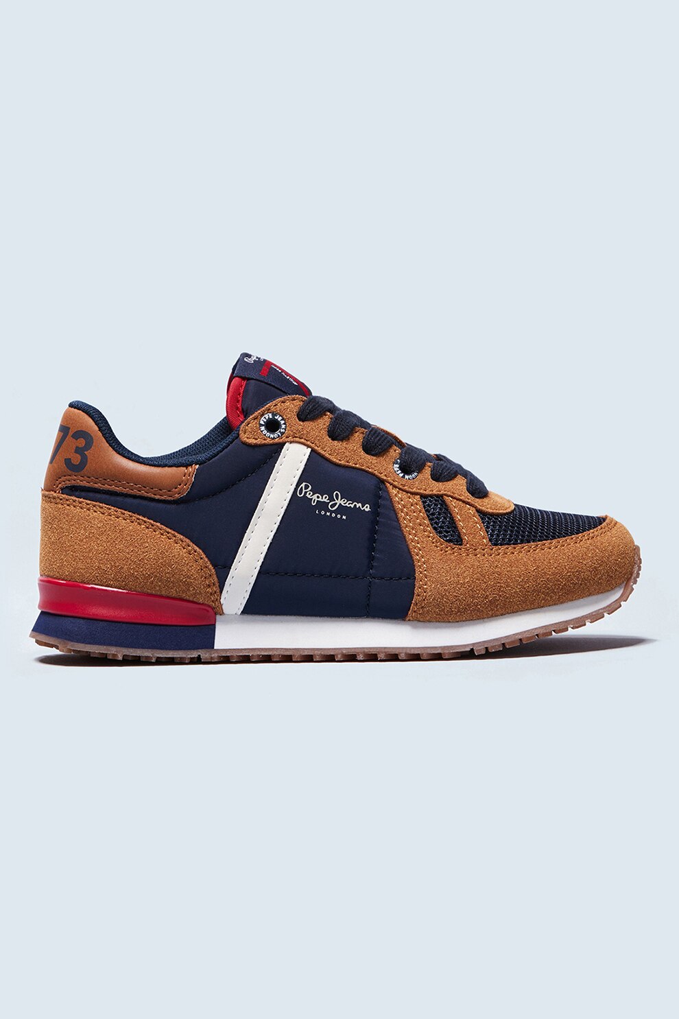 Pepe Jeans London, Pantofi sport din piele intoarsa ecologica cu insertii din plasa, Mao caramel/Bleumarin inchis