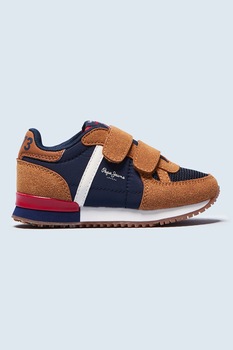 Pepe Jeans London, Pantofi sport cu inchidere velcro si insertii din plasa, Bleumarin/Maro Pepe Jeans London, Pantofi sport cu inchidere velcro si insertii din plasa, Bleumarin/Maro