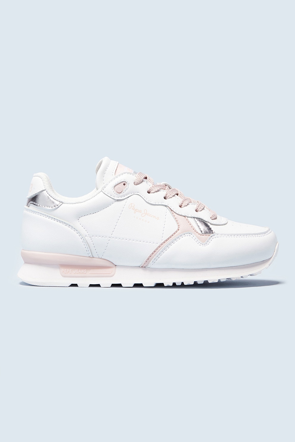Pepe Jeans London, Pantofi sport din piele ecologica, Alb/Roz pal, 39 EU