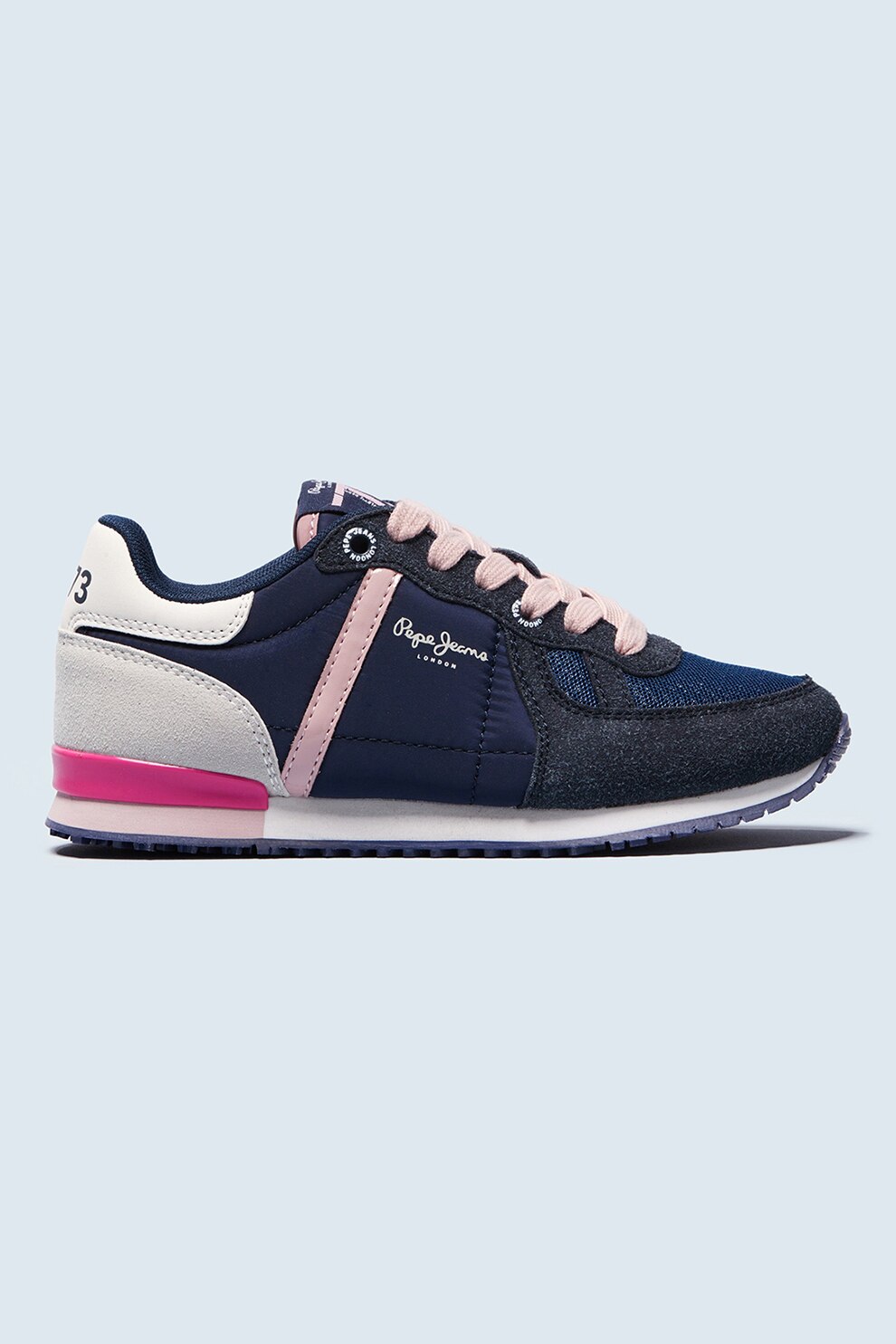 Pepe Jeans London, Pantofi sport cu insertii din piele intoarsa sintetica, Bleumarin inchis/Roz