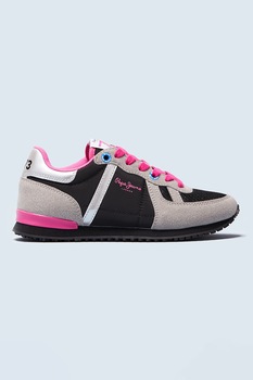 Pepe Jeans London, Pantofi sport cu insertii din piele intoarsa sintetica, Negru/grej/roz fucsia Pepe Jeans London, Pantofi sport cu insertii din piele intoarsa sintetica, Negru/grej/roz fucsia
