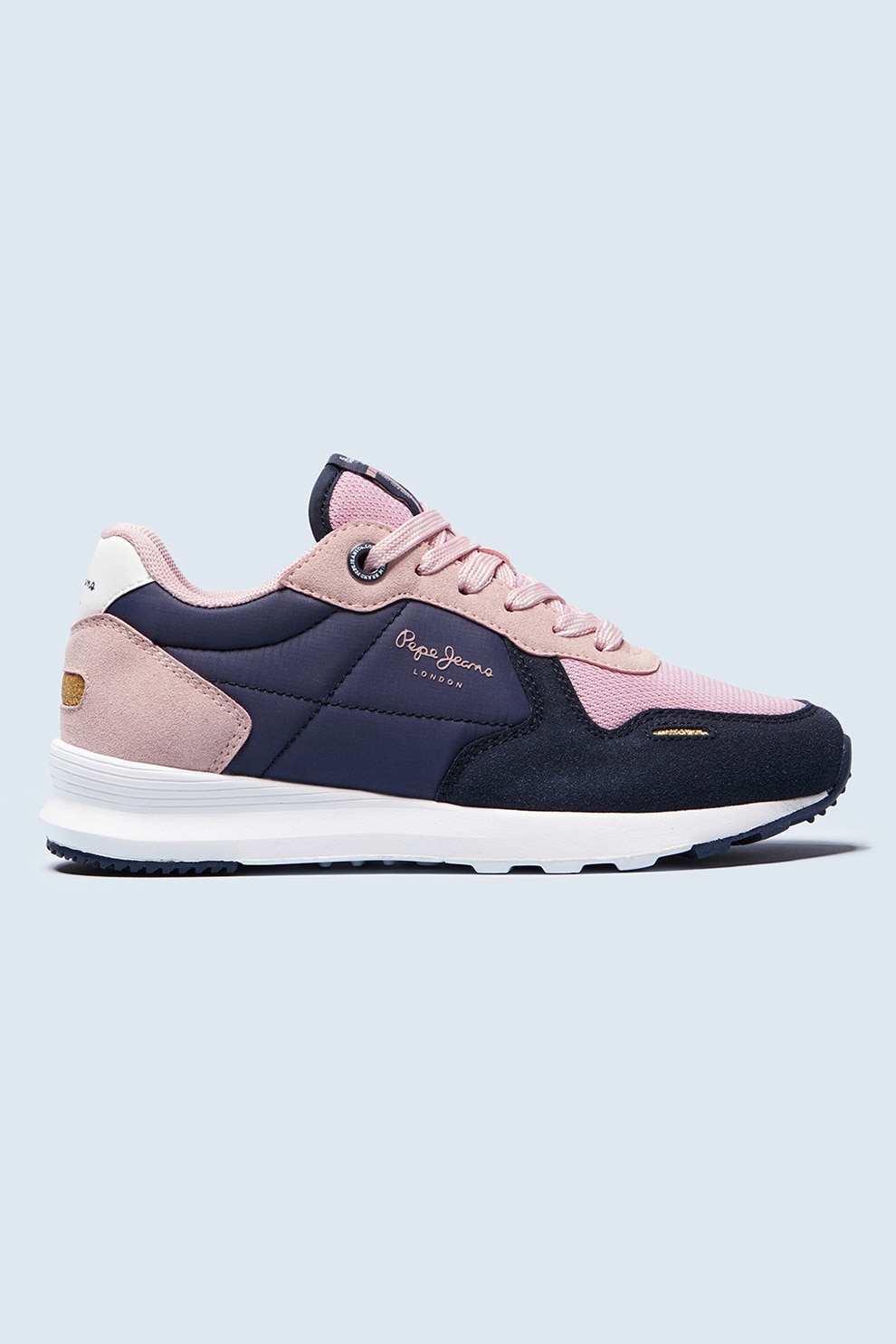 Pepe Jeans London, Pantofi sport cu insertii din piele intoarsa ecologica, Bleumarin/Roz