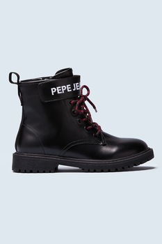Pepe Jeans London, Bocanci din piele ecologica cu broderie logo, Negru Pepe Jeans London, Bocanci din piele ecologica cu broderie logo, Negru