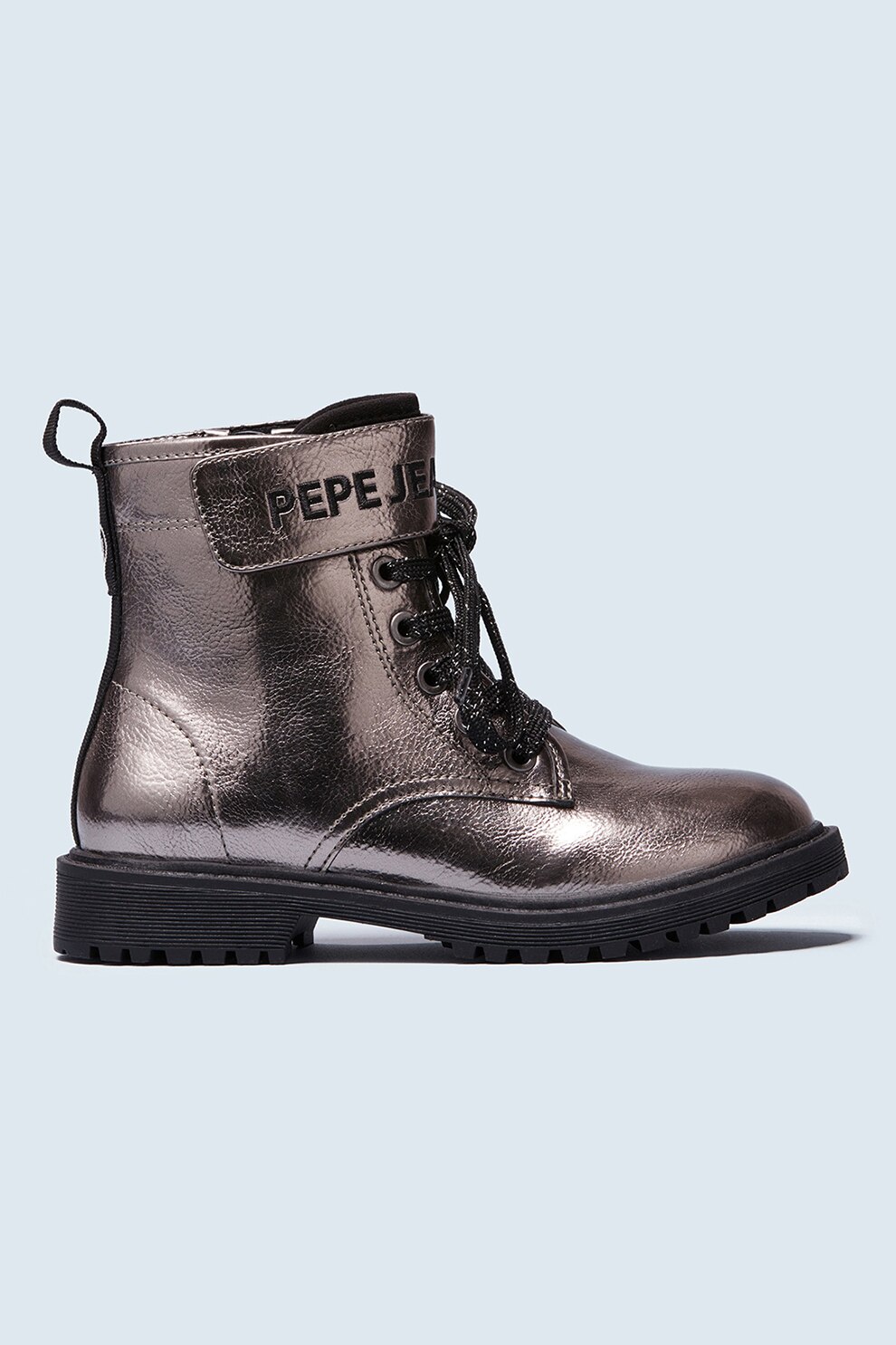 Pepe Jeans London, Bocanci din piele ecologica cu aspect metalizat, Argintiu inchis