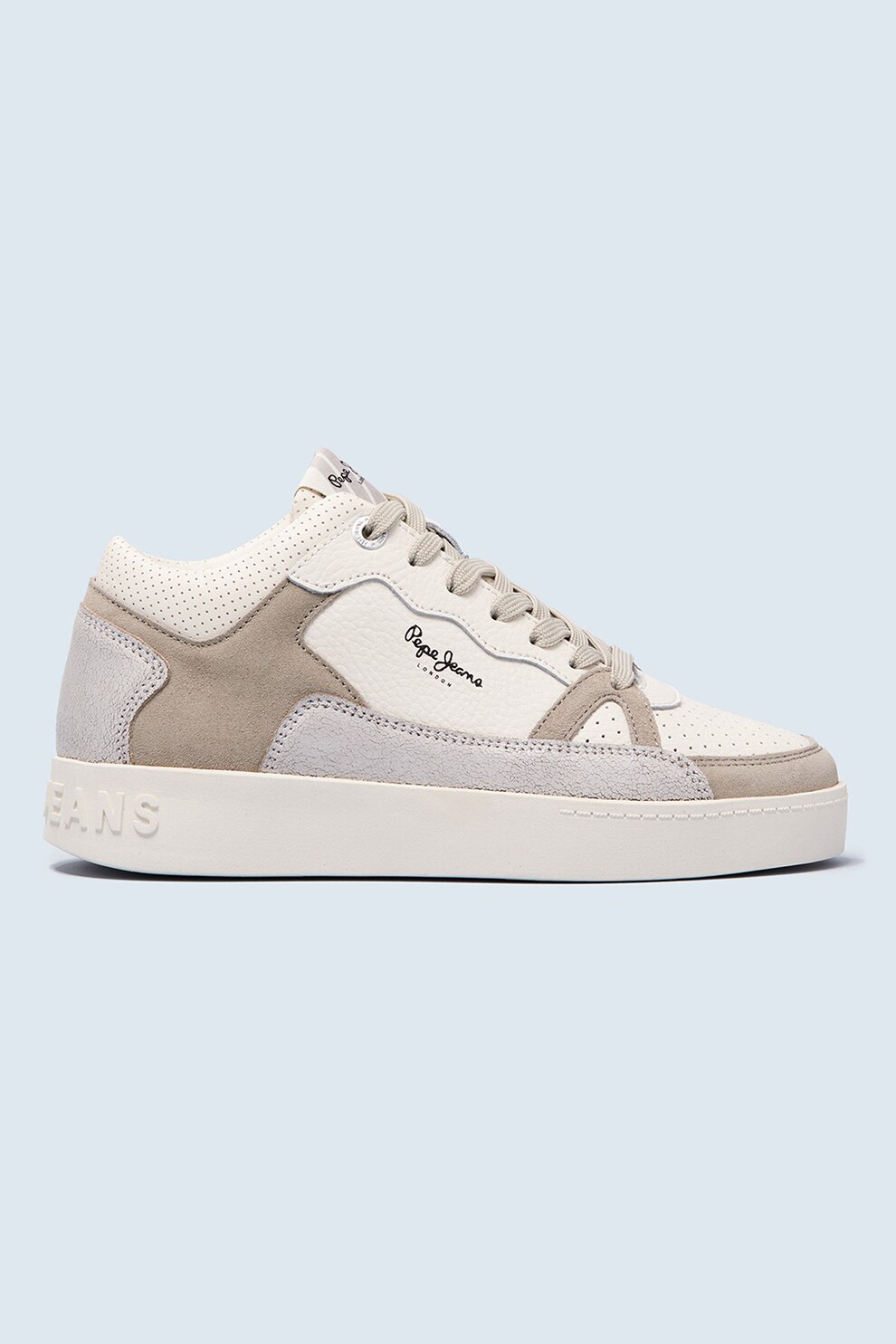 Pepe Jeans London, Pantofi sport din piele si material sintetic cu perforatii, Alb prafuit/Gri