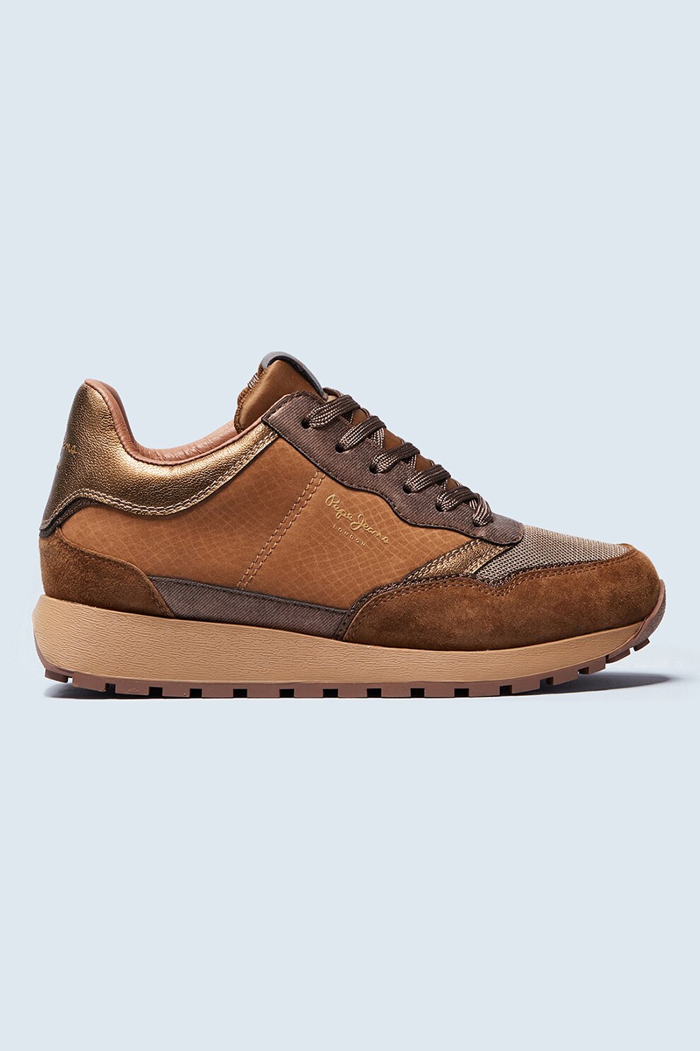 Pepe Jeans London, Pantofi sport cu insertii din piele intoarsa Dean, Maro scortisoara/Maro bron
