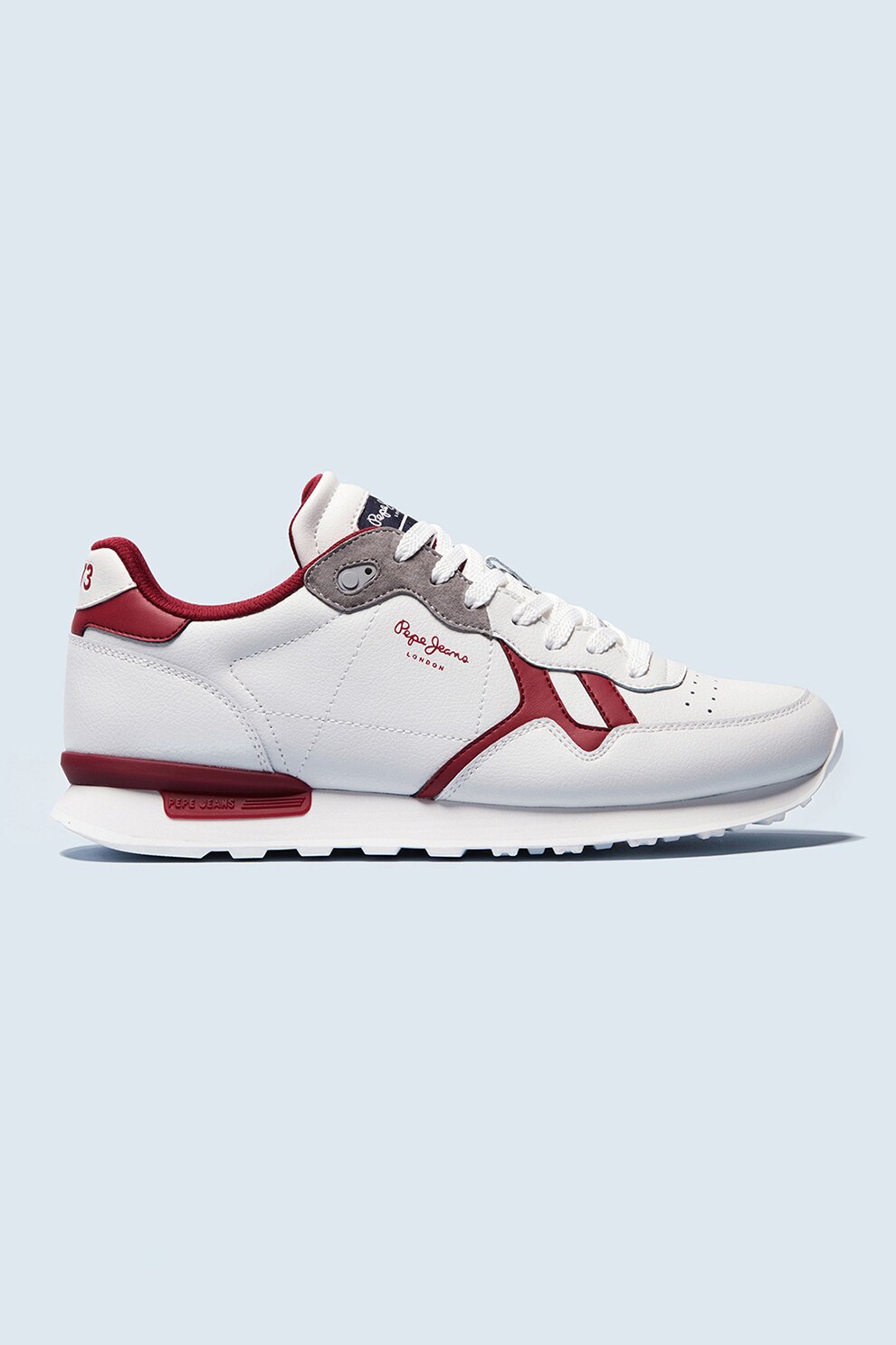 Pepe Jeans London, Pantofi sport din piele cu model colorblock, Alb/Rosu