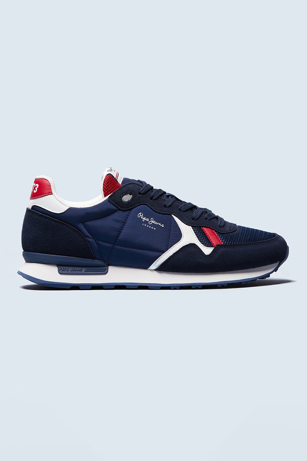 Pepe Jeans London, Pantofi sport din material textil si piele intoarsa cu model colorblock, bleumarin inchis, alb
