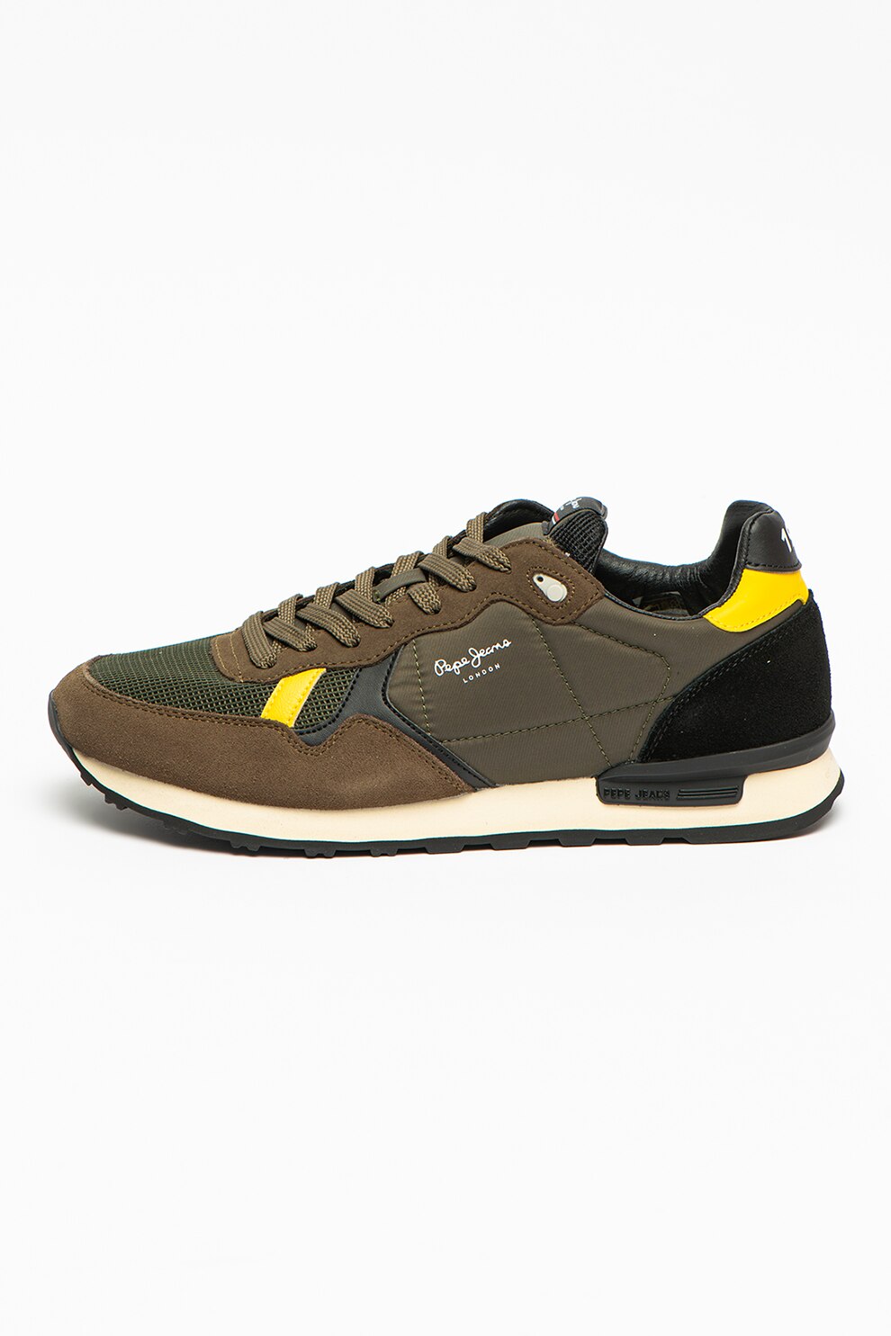 Pepe Jeans London, Pantofi sport cu model colorblock, Verde miliatr/Maro inchis/Galben
