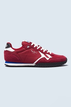 Pepe Jeans London, Pantofi sport din plasa cu garnituri din piele intoarsa, Rosu inchis/Alb Pepe Jeans London, Pantofi sport din plasa cu garnituri din piele intoarsa, Rosu inchis/Alb