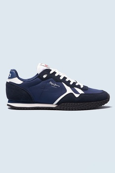 Pepe Jeans London, Pantofi sport din plasa cu garnituri din piele intoarsa, Bleumarin/Alb/Negru Pepe Jeans London, Pantofi sport din plasa cu garnituri din piele intoarsa, Bleumarin/Alb/Negru