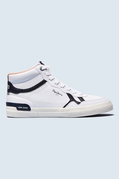 Pepe Jeans London, Pantofi sport mid-high din piele ecologica cu detalii contrastante, Alb/Bleumarin Pepe Jeans London, Pantofi sport mid-high din piele ecologica cu detalii contrastante, Alb/Bleumarin