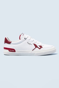 Pepe Jeans London, Pantofi sport de piele ecologica cu garnituri contrastante, Alb/Rosu inchis Pepe Jeans London, Pantofi sport de piele ecologica cu garnituri contrastante, Alb/Rosu inchis
