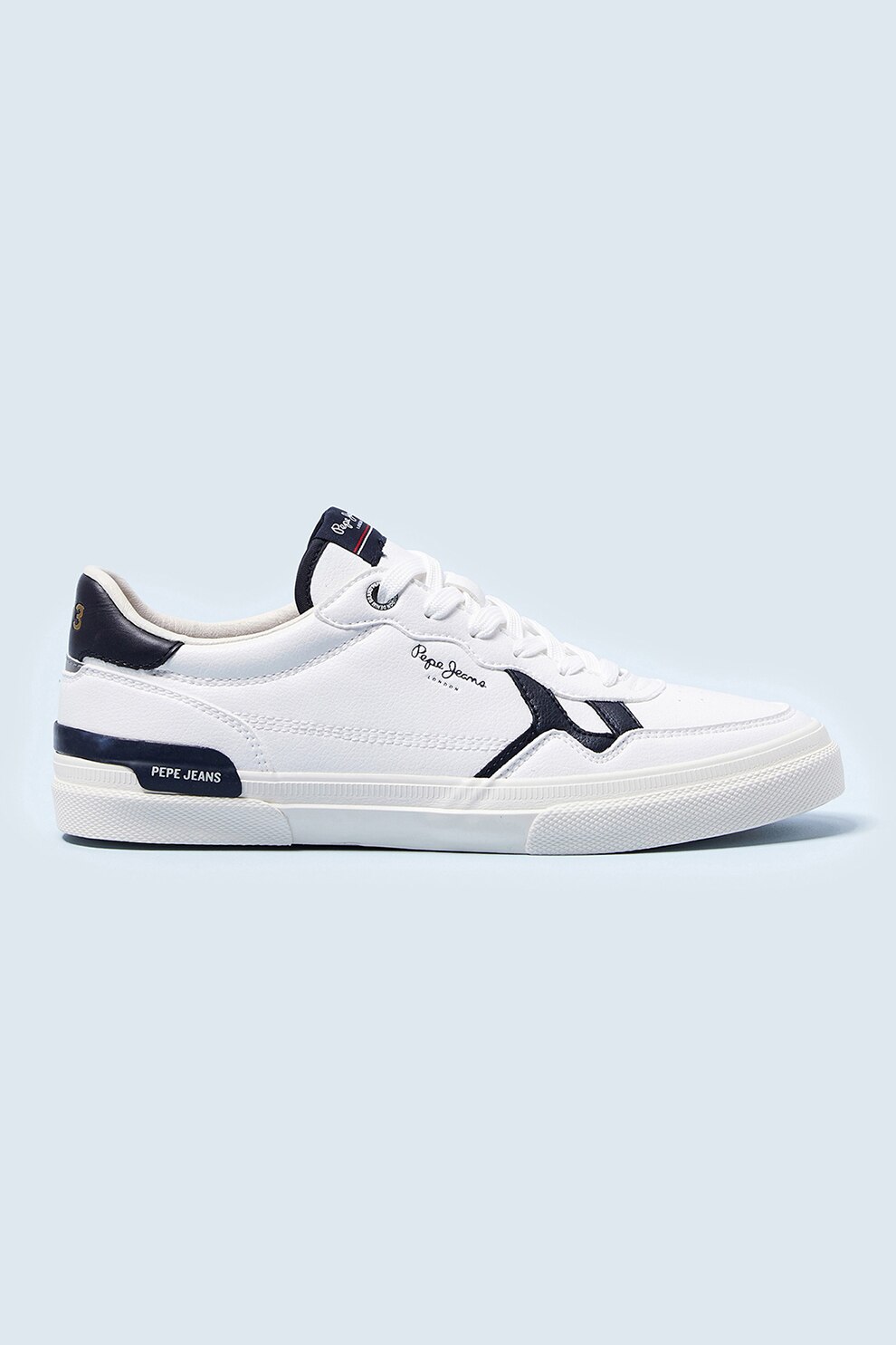 Pepe Jeans London, Pantofi sport de piele ecologica cu garnituri contrastante, Alb/Bleumarin inchis
