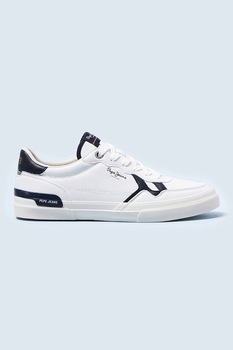 Pepe Jeans London, Pantofi sport de piele ecologica cu garnituri contrastante, Alb/Bleumarin inchis Pepe Jeans London, Pantofi sport de piele ecologica cu garnituri contrastante, Alb/Bleumarin inchis
