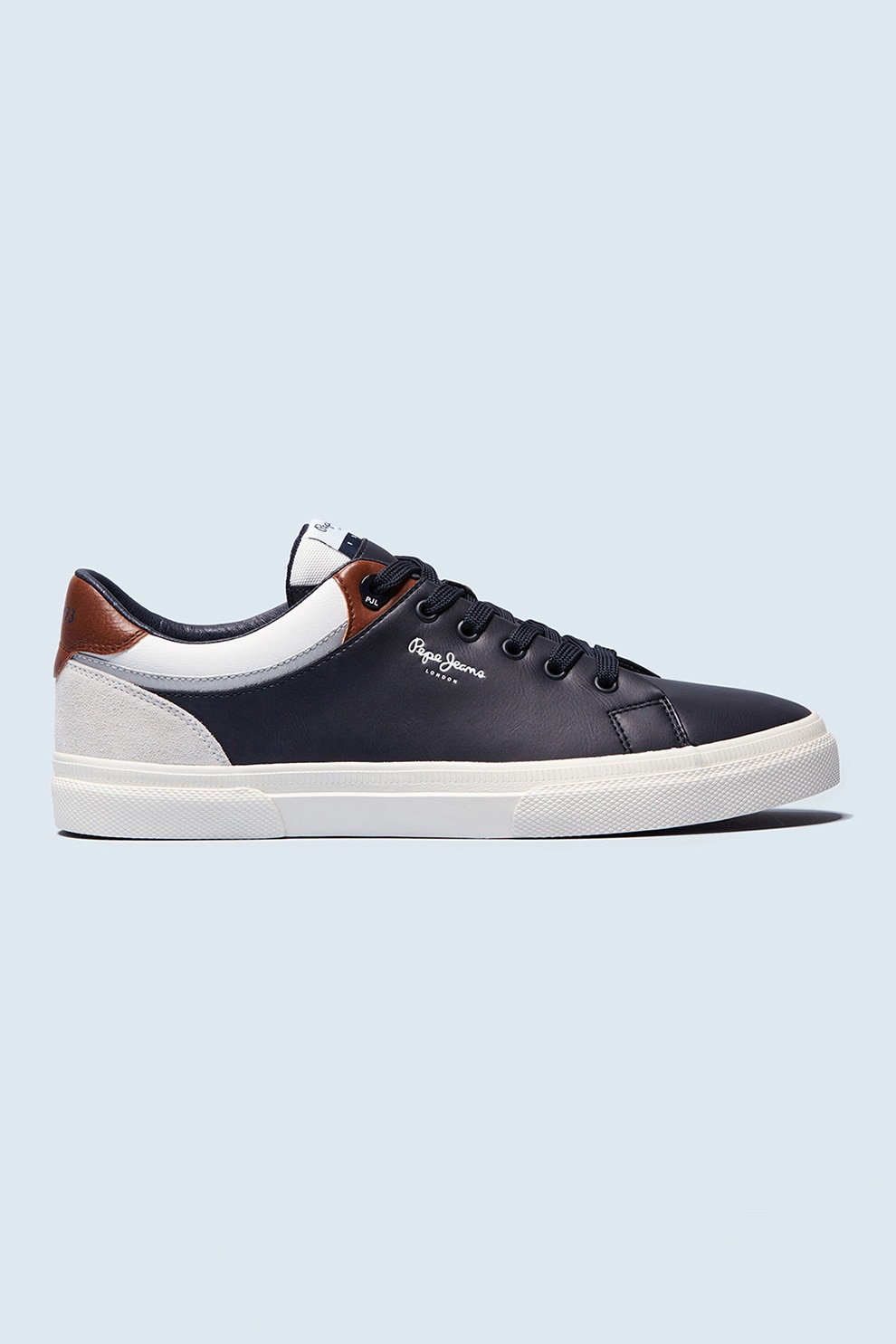 Pepe Jeans London, Pantofi sport de piele ecologica cu garnituri de piele intoarsa, bleumarin inchis, alb