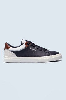 Pepe Jeans London, Pantofi sport de piele ecologica cu garnituri de piele intoarsa, bleumarin inchis, alb Pepe Jeans London, Pantofi sport de piele ecologica cu garnituri de piele intoarsa, bleumarin inchis, alb