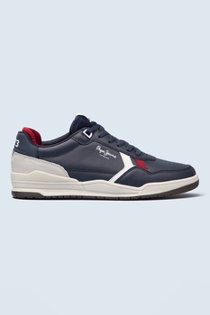 Pepe Jeans London, Pantofi sport de piele cu detalii contrastante, Bleumarin/Alb Pepe Jeans London, Pantofi sport de piele cu detalii contrastante, Bleumarin/Alb