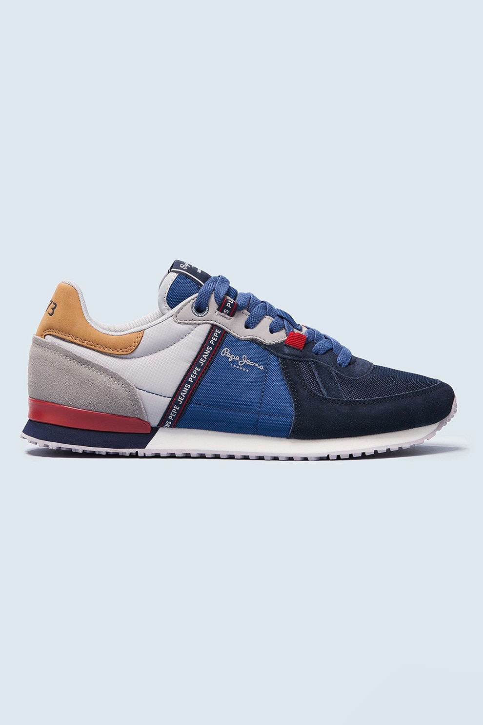 Pepe Jeans London, Pantofi sport low-top cu model colorblock Tinker, Bleumarin/Gri deschis