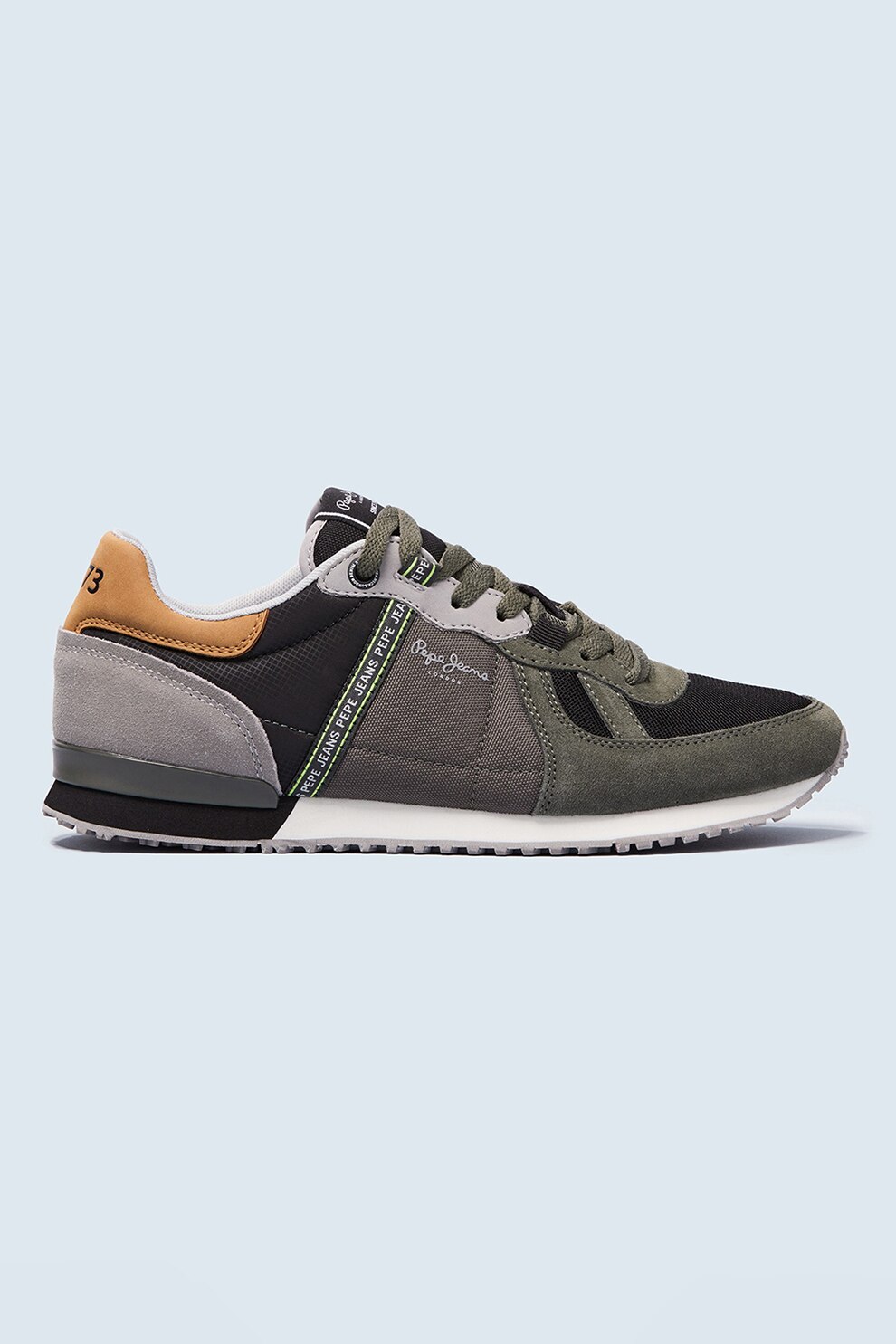 Pepe Jeans London, Pantofi sport low-top cu model colorblock Tinker, Verde militar/Negru/Maro